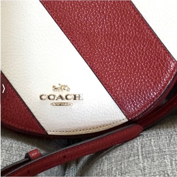 Coach Ellen Half Moon Red & White Striped Genuine Leather Crossbody Bag - Picture 2 of 10